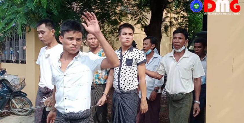 Photo shows the accused from Kyaukseik village in Ponnagyun Township, who were sued under the Counter-Terrorism Law.