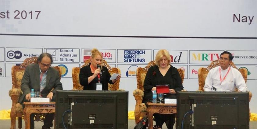 Panelists - U Aung Hla Tun, Vice Chairman-1, New Media Council (R), Kavi Chongkittavorn, Executive Director and Chief Editor of Myanmar Times (R), and Mrs Dunja Mijatovic, international expert on media freedom (R-C) - discuss the importance of media in reporting on government developments and the changes on the road to full democracy in Myanmar. Photo. MOI