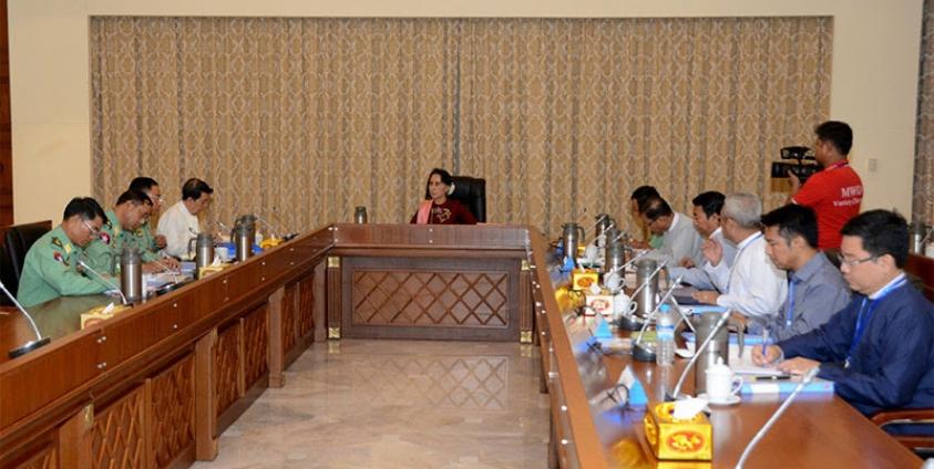 State Counsellor Daw Aung San Suu Kyi chairs the coordination meeting on the formation of the National Reconciliation and Peace Centre (NRPC). Photo: MNA