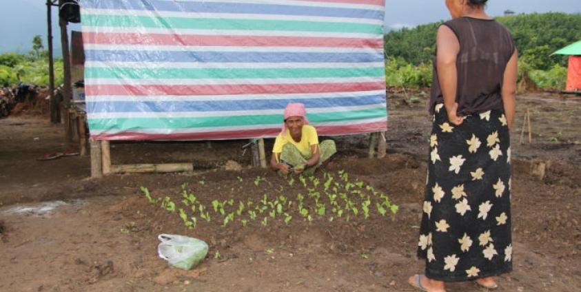  ဇောလ်ပီးရေဘေးဒုက္ခသည်စခန်းတွင် အိမ်ရှင်မတစ်ဦးက ၄င်းတို့အိမ်ရှေ့တွင် တပိုင်တနိုင် ခြံလုပ်နေစဉ်။ (ဓာတ်ပုံ- ဆလိုင်းလာလ်နွန်အုပ်)