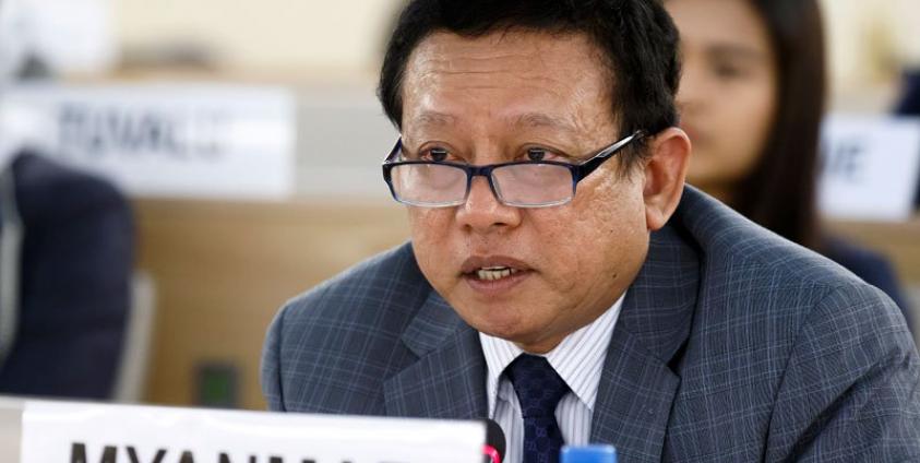 (File) Htin Lynn, ambassador of the Permanent Representative Mission of Myanmar to Geneva, addresses his statement on the situation of human rights in Myanmar, during the 34th session of the Human Rights Council, at the European headquarters of the United Nations in Geneva, Switzerland, Monday, March 13, 2017. Photo: Salvatore Di Nolfi/EPA