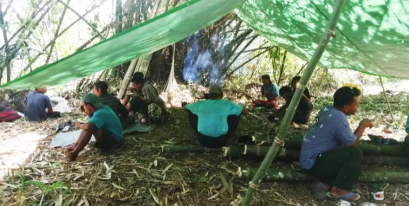 တောတွင်းတစ်နေရာတွင် စစ်ရှောင်နေကြသည့် ဆွမ်ပီယန် စစ်ရှောင်ပြည်သူအချို့။