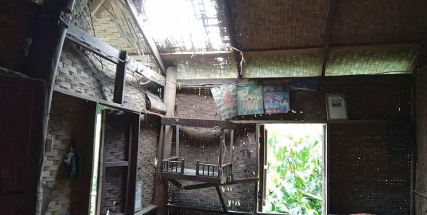 A home in Kyauktaw’s Shanywa Ward was damaged by Saturday’s shelling. (Photo: Kyaw Hla Myint)