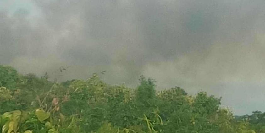 Military council forces are seen burning and destroying Khutma village in the eastern part of Minhla Township, Bago Region, on the morning of June 25 (Minhla Township People’s Defense Organization)