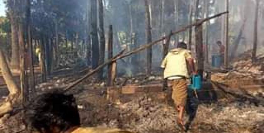 Two houses burned to ground at Muslim village of Sin Thay Pyin in Buthidaung Township after the artellery shell hit the village on 14 December 2019. (Photo- Aung Thaung Shwe/ Facebook)
