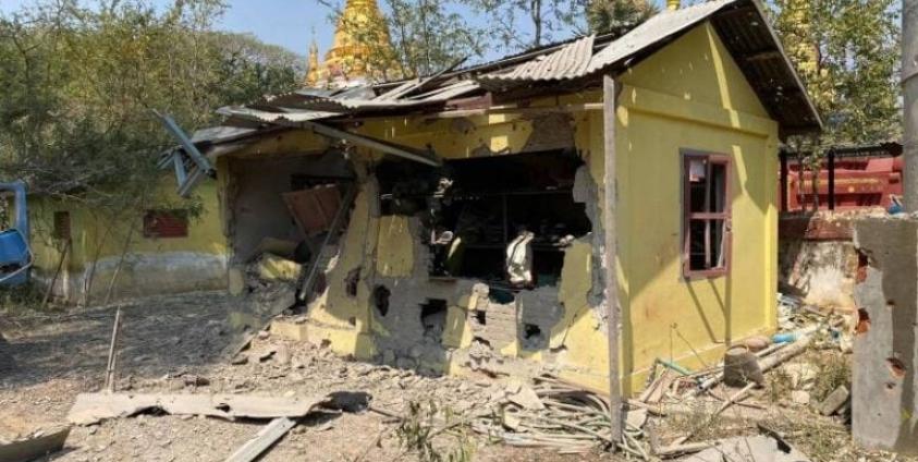 On March 4, at 9:50 AM, the military council troops saw the damaged monastery buildings in Sin Sein village after an airstrike. (Photo – ANyar Myay Tat Pang Su)