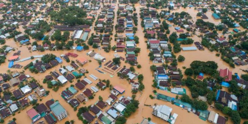This aerial photo taken on August 11, 2019 shows floodwaters submerged areas of Ye township in Mon State. Photo: Sai Aung Main/AFP