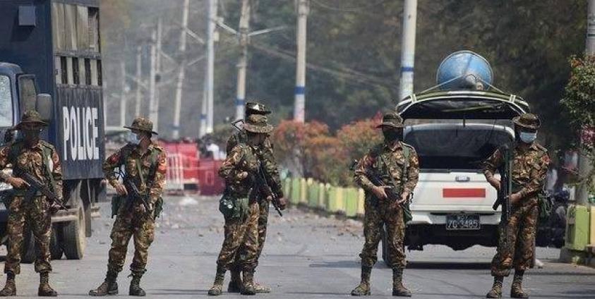 Some military council members are seen waiting to disperse anti-dictatorship protesters in Myingyan town in the early days of the military coup. (CJ)