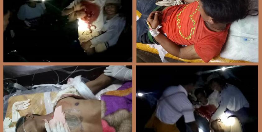 သေနတ်ထိမှန်ဒဏ်ရာရသူ စိုင်းစံထွန်းနှင့်စိုင်းမို တို့အား သီပေါမြို့ နယ်စည်း မခြား ပရဟိတအဖွဲ့မှ ဆေးရုံသို့ ကယ်ဆယ်သယ်ဆောင်စဉ်