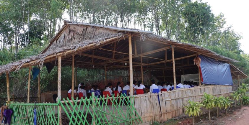 Currently, the students are studying in bamboo huts
