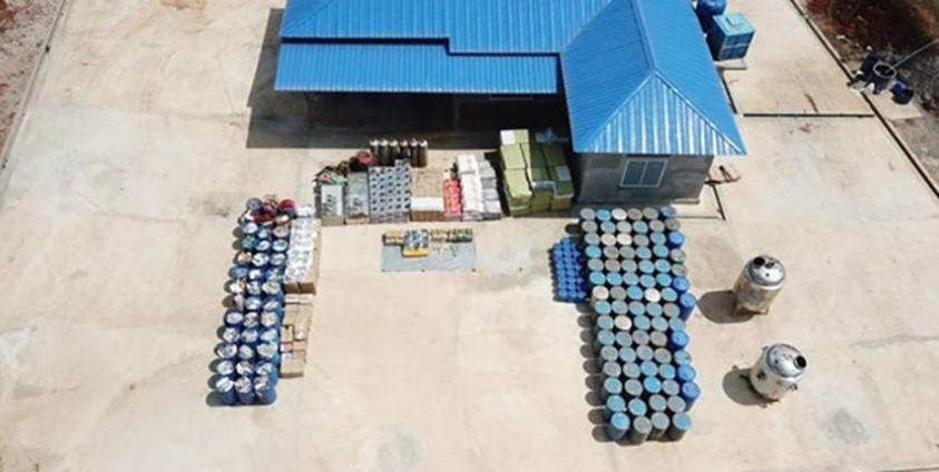 Myanmar’s military displays seized drugs and drug-making materials for the press, foreign military attachés and international anti-narcotic organizations in Kutkai Township, northern Shan State on March 6. / The Office of the Commander-in-Chief of the Defense Services | irrawaddy.com