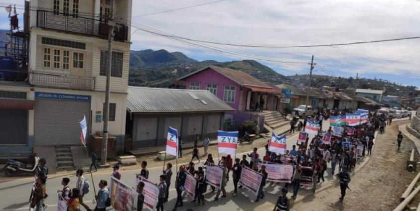 Protestors take to the streets of Tonzang township in Chin State following recent murder of a female teacher. Photo: Chin World