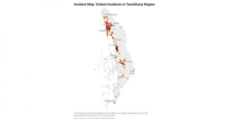 တနင်္သာရီတိုင်းတွင် တိုက်ပွဲဖြစ်ပွားသည့်နေရာများ။ (Credit: Southern Monitor)