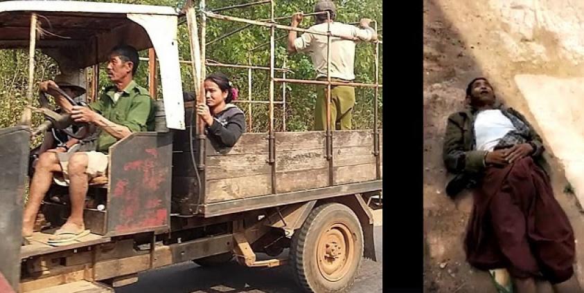 Photo by Numtu Youth/ ကျည်ထိမှန် သေဆုံးသူ ဆန်ခါရွာက လုံးတလိန်းနှင့် ၄င်း၏အလောင်းအားတင်ဆောင်လာသော ထော်လာဂျီအားတွေ့ရစဉ်