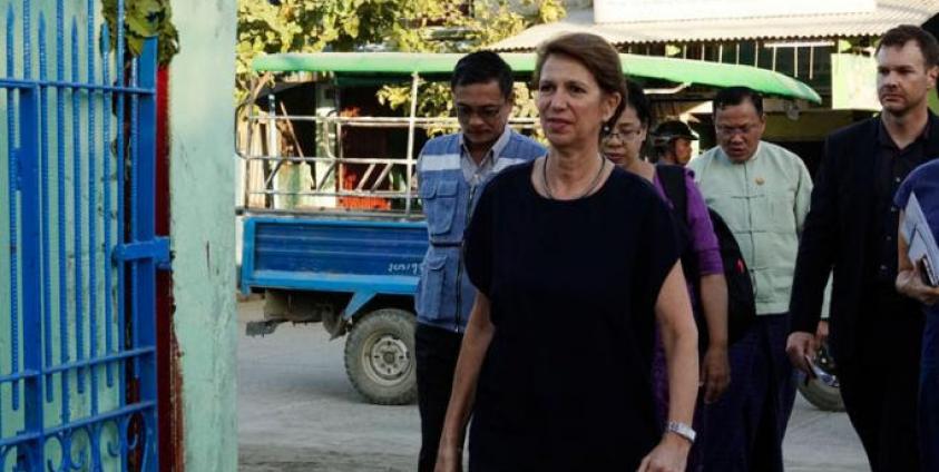Christine Schraner Burgener (C), United Nations (UN) Special Envoy for Myanmar, visits a Hindu temple of Internally Displaced Persons (IDP) in Sittwe, Rakhine State, western Myanmar, 23 January 2019. Photo: Nyunt Win/EPA
