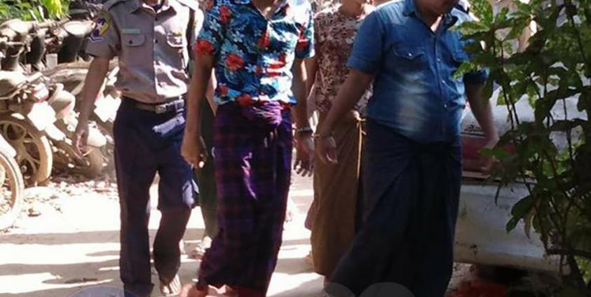 ဖမ်းဆီးခံထားရသူ ကိုသိန်းအောင်မြတ် အပါအဝင် လေးဦးအား ငပုတောမြို့နယ်တရားရုံးတွင် ရုံးထုတ်စဉ် (ဓာတ်ပုံ-ဒွါရာဝတီ အသျှင်ကုသလ)