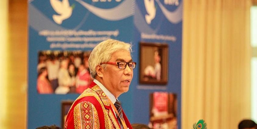 UPDJC vice chairperson Dr Salai Hlyan Hmone speaks the opening speech of the 15th UPDJC meeting held in NRPC Centre in Nay Pyi Taw on June 29. Photo: Min Min/Mizzima