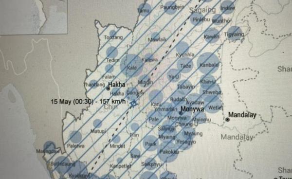 ရုပ်ပုံကားချပ်။ ။ OCHA ကထုတ်ပြန်သော ဆိုင်ကလုန်းမိုခါဖြတ်သန်းရာလမ်းကြောင်း