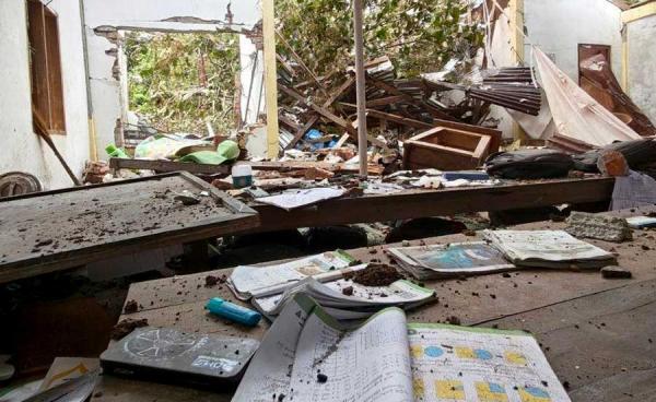 Photo: AA Info Desk / A school building destroyed by an airstrike on Seinnyinwa Village, Paletwa Township, on August 24. 