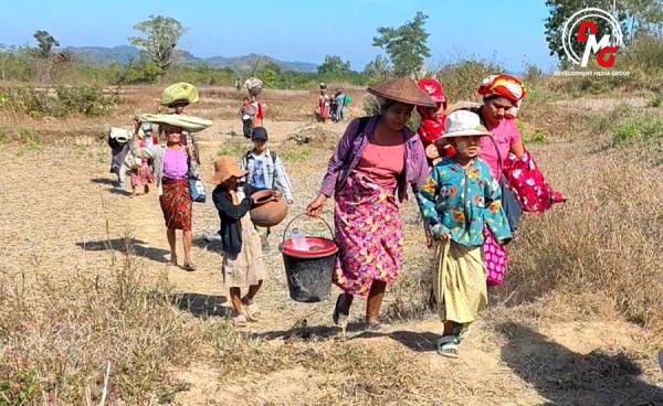 Displaced Arakanese residents fleeing conflict, pictured in 2025.