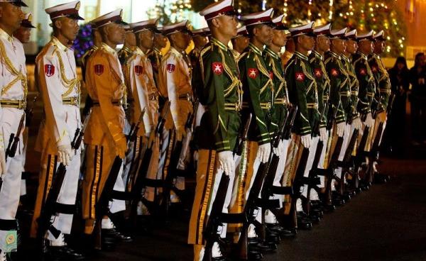 Armed guards of honor march during a military parade and flag-raising ceremony held to mark the 69th Myanmar Independence Day in Naypyitaw on 04 January 2017. Photo: Min Min/Mizzima