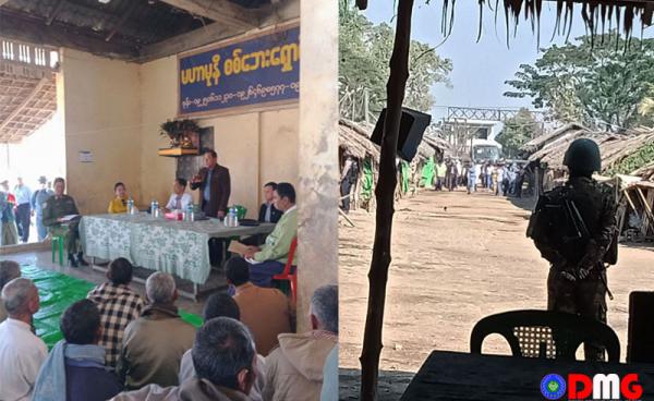 စစ်ကောင်စီဝန်ကြီးများ ကျောက်တော်မြို့နယ်၊ မဟာမုနိစစ်ဘေးရှောင်စခန်းသို့ ရောက်ရှိစဉ် မြင်ကွင်းများ။