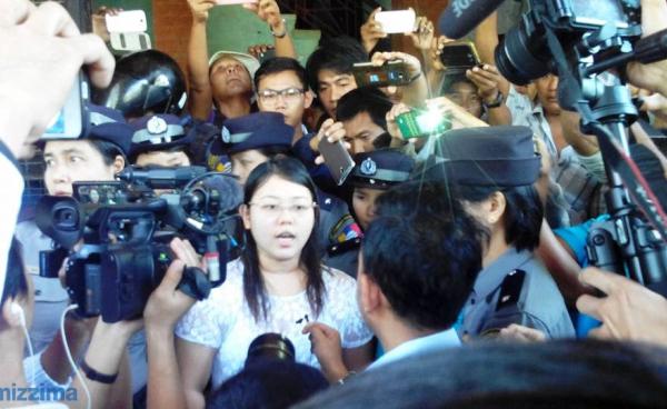 Chaw Sandi Tun speaks to media outside Maubin township court after being sentenced to six months in jail on 28 December 2015. Photo: Yin Mon Khing/Mizzima