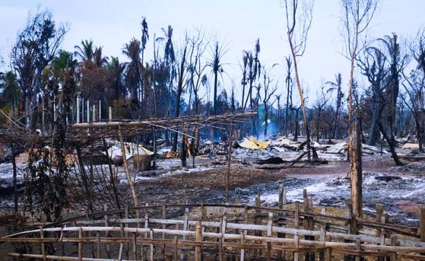 fire-ravaged Lekka village in Mrauk-U Township