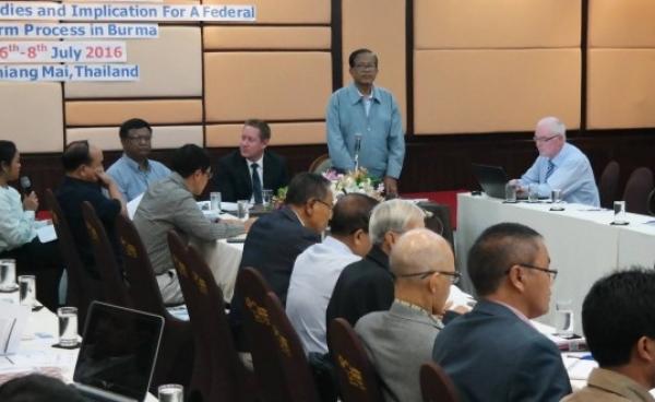 UNFC Vice-Chairman Nai Hongsar was talking at a recent federal workshop (Photo: ENAC Burma)