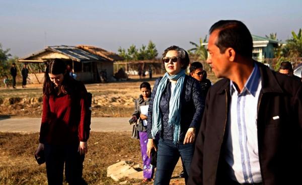 Yanghee Lee (C), UN Special Rapporteur on the situation of human rights in Myanmar, seen here on a previous trip to Rakhine State in January. Photo: Nyunt Win/EPA