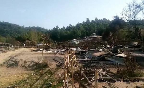 Photo by a citizen journalist shows villagers homes burned down in Hopang Village, Namkham Township.