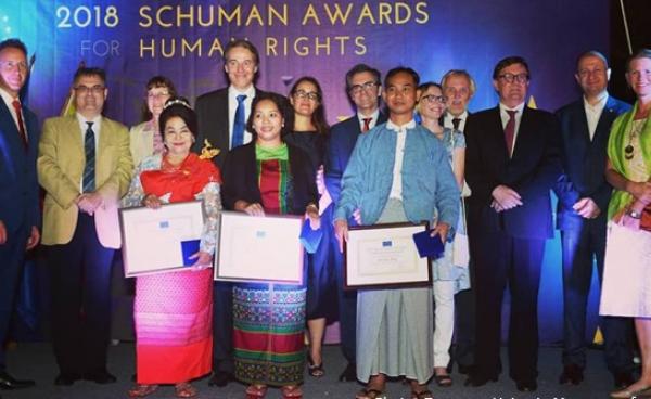 Daw Khin Than Htwe, Cheery Zahau, and Ko Swe Win received Schuman Award for Human Rights (Photo: European Union in Myanmar/Facebook)