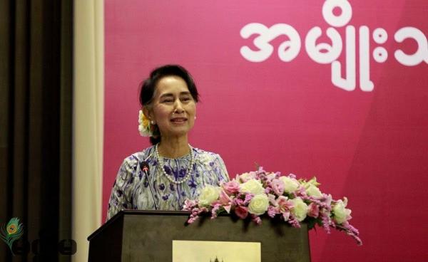 State Counsellor Daw Aung San Suu Kyi gives speech during the opening day of Myanmar Women’s Week Forum at the Kempinski Hotel, Nay Pyi Taw on 6 March 2017. Photo: Min Min/Mizzima