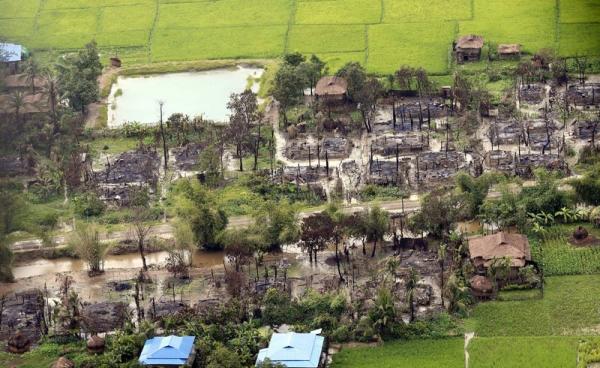 An aerial view showing the burnt-out village near Maungdaw township in Rakhine State, western Myanmar, 27 September 2017. Photo: Nyein Chan Naing/EPA