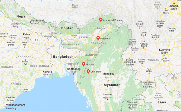 အိန္ဒိယနိုင်ငံ အရှေ့မြောက်ပိုင်းရှိ Mizoram, Nagaland, နှင့် Arunachal Pradesh ပြည်နယ်များနှင့် မြန်မာနိုင်ငံရှိ ချင်းပြည်နယ် (Photo/GOOGLE Map)