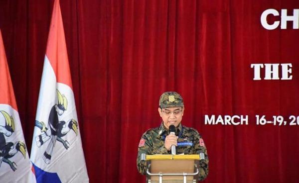 Chin National Front (CNF) chairman Pu Zin Cung delivering address at CNF Congress held at GHQ. Photo: GHQ Chinland/Facebook