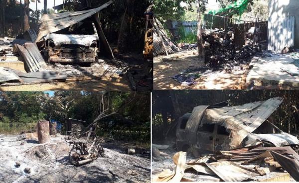 ပုံစာ - စက်တင်ဘာလ ၃ ရက်နေ့က ကျောက်တော်မြို့နယ် ဘုရားပေါင်းနှင့် တောင်ပေါက်ကျေးရွာများအား မီးရှို့ခံခဲ့ရ၍ ပျက်စီးသွားသည့် နေအိမ်နှင့် မော်တော်ယာဉ်များအား တွေ့ရစဉ်။