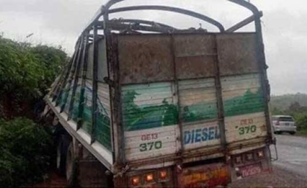 ကျောက်မဲမြို့နယ် ပန်တင်ရွာအနီး ရင်ခွဲတောင်မှပစ်ခတ်ခံရတဲ့ တရုတ်ပြည်ပို့မည့် နွားတင်ကား (ဓါတ်ပုံ- ဦးတင်မောင်သိန်း)