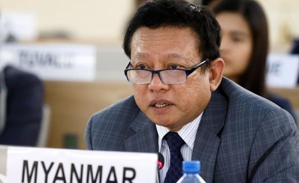 (File) Htin Lynn, ambassador of the Permanent Representative Mission of Myanmar to Geneva, addresses his statement on the situation of human rights in Myanmar, during the 34th session of the Human Rights Council, at the European headquarters of the United Nations in Geneva, Switzerland, Monday, March 13, 2017. Photo: Salvatore Di Nolfi/EPA