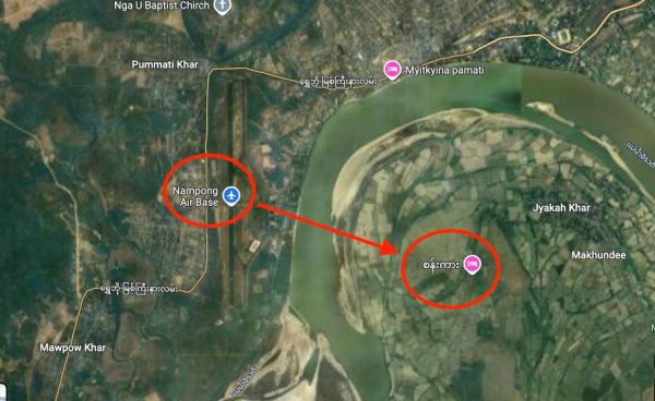 နန့်ပေါင်လေတပ်စခန်းရဲ့တစ်ဖက်ကမ်းရှိ စန်းကားရွာ ( Google Map)