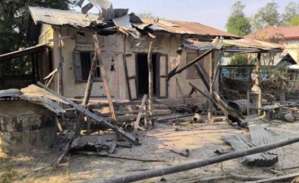 Some of the houses destroyed by the paratrooper attack in Zaratkyi Village. Public Action Committee (Taungtha)