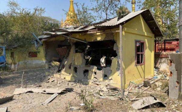 On March 4, at 9:50 AM, the military council troops saw the damaged monastery buildings in Sin Sein village after an airstrike. (Photo – ANyar Myay Tat Pang Su)