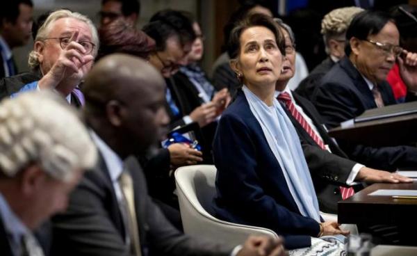 Abubacarr Tambadou (2-L front, seated), minister of justice of The Gambia, and Aung San Suu Kyi (C), Myanmar State Counselor, on the second day before the International Court of Justice (ICJ) in the Peace Palace, The Hague, The Netherlands, 11 December 2019. Photo: EPA