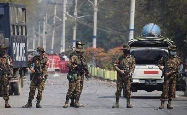 Some military council members are seen waiting to disperse anti-dictatorship protesters in Myingyan town in the early days of the military coup. (CJ)