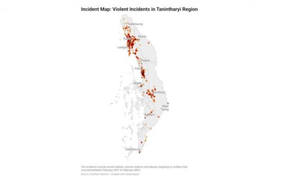 တနင်္သာရီတိုင်းတွင် တိုက်ပွဲဖြစ်ပွားသည့်နေရာများ။ (Credit: Southern Monitor)