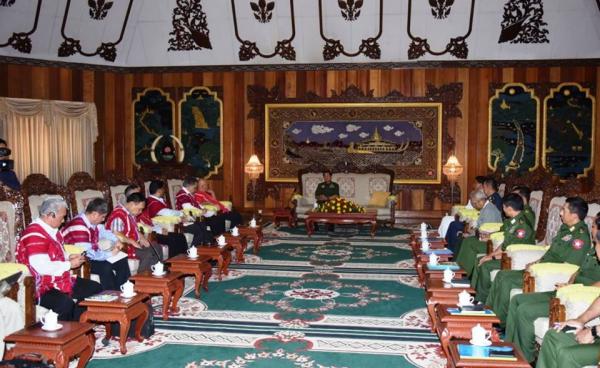 Commander-in-Chief Snr-Gen Min Aung Hlaing, among other Tatmadaw officers meet KNU leaders in Yangon on May 17 (Photo: Office of Chief Defense )
