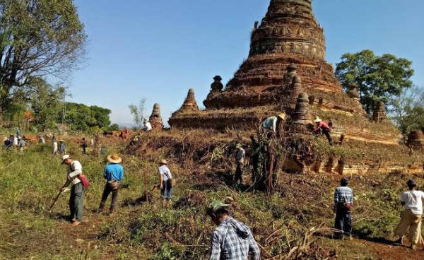 Photo by Sai Mg Gyi/မိုးနဲမြို့ခံများ သက်တမ်း ၂၀၀ ကျော်ရှိသောစေတီတော်အား ခြုံနွယ်ပိတ်ပေါင်းများရှင်းလင်းနေစဉ်