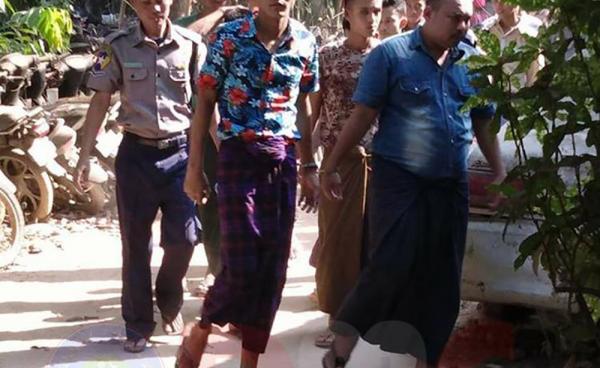 ဖမ်းဆီးခံထားရသူ ကိုသိန်းအောင်မြတ် အပါအဝင် လေးဦးအား ငပုတောမြို့နယ်တရားရုံးတွင် ရုံးထုတ်စဉ် (ဓာတ်ပုံ-ဒွါရာဝတီ အသျှင်ကုသလ)