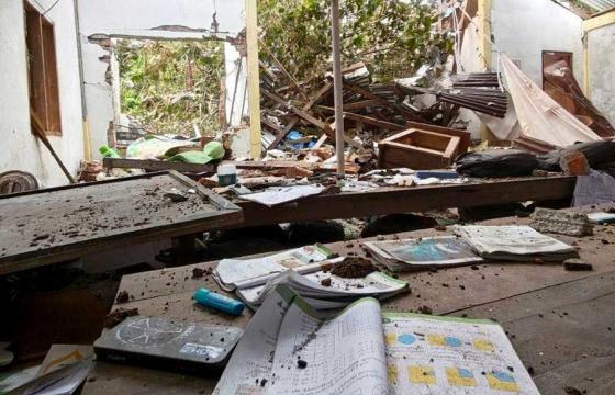 Photo: AA Info Desk / A school building destroyed by an airstrike on Seinnyinwa Village, Paletwa Township, on August 24. 