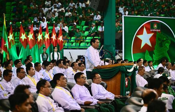 Chairman of the Myanmar military-backed Union Solidarity and Development Party (USDP) Khin Yi speaks during an election campaign event in Yangon on November 19, 2025. Myanmar junta has touted polls starting December 28 as a path to peace, but the vote will be blocked from rebel-held enclaves and monitors are dismissing it as a ploy to disguise continuing military rule. (Photo by Sai Aung MAIN / AFP) 